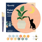 Pintura por números sobre disco de madera - Gatito y planta a la luz de la luna