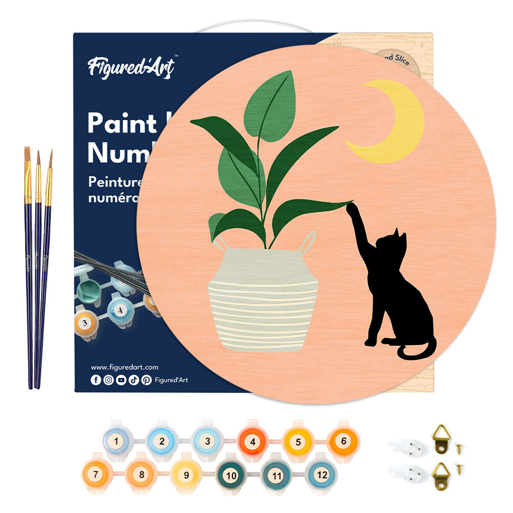 Pintura por números sobre disco de madera - Gatito y planta a la luz de la luna