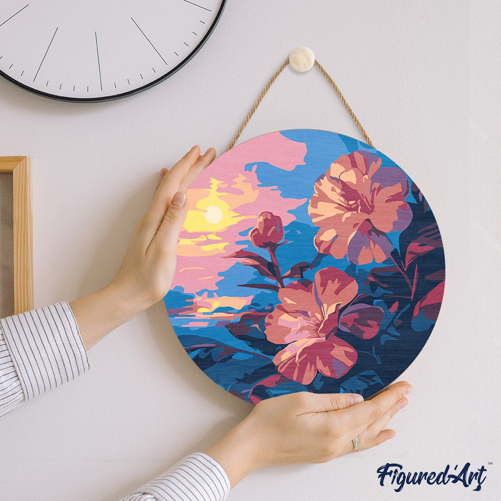 Paint by Numbers on Wooden Disc - Sunset Hibiscus