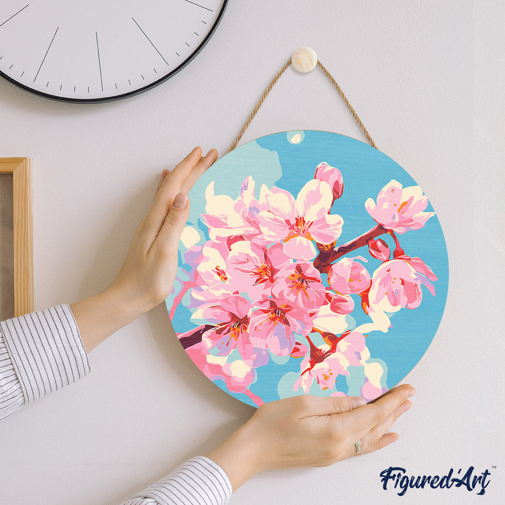 Peinture Par Numéro Sur Disque En Bois - Fleurs De Cerisier