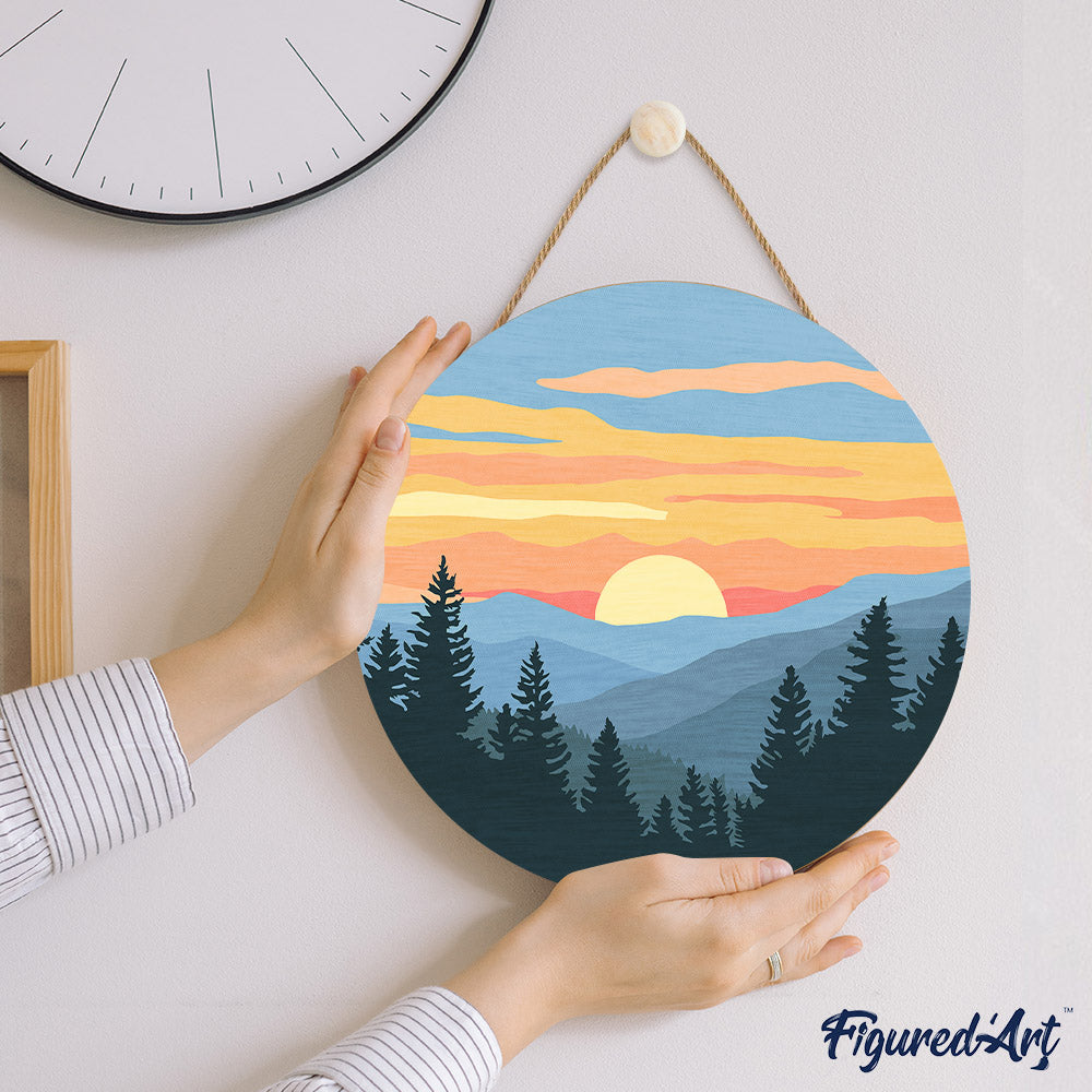 Pintura por números sobre disco de madera - Bosque de pinos