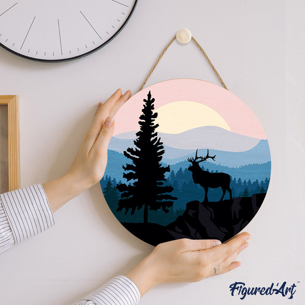 Peinture Par Numéro Sur Disque En Bois - Cerf Majestueux Et Paysage