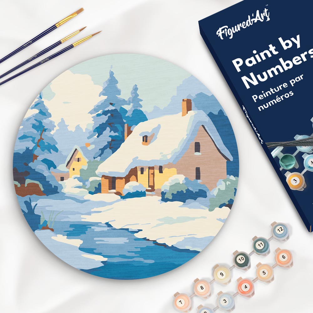 Paint By Number On Wooden Disc - Winter Chalet