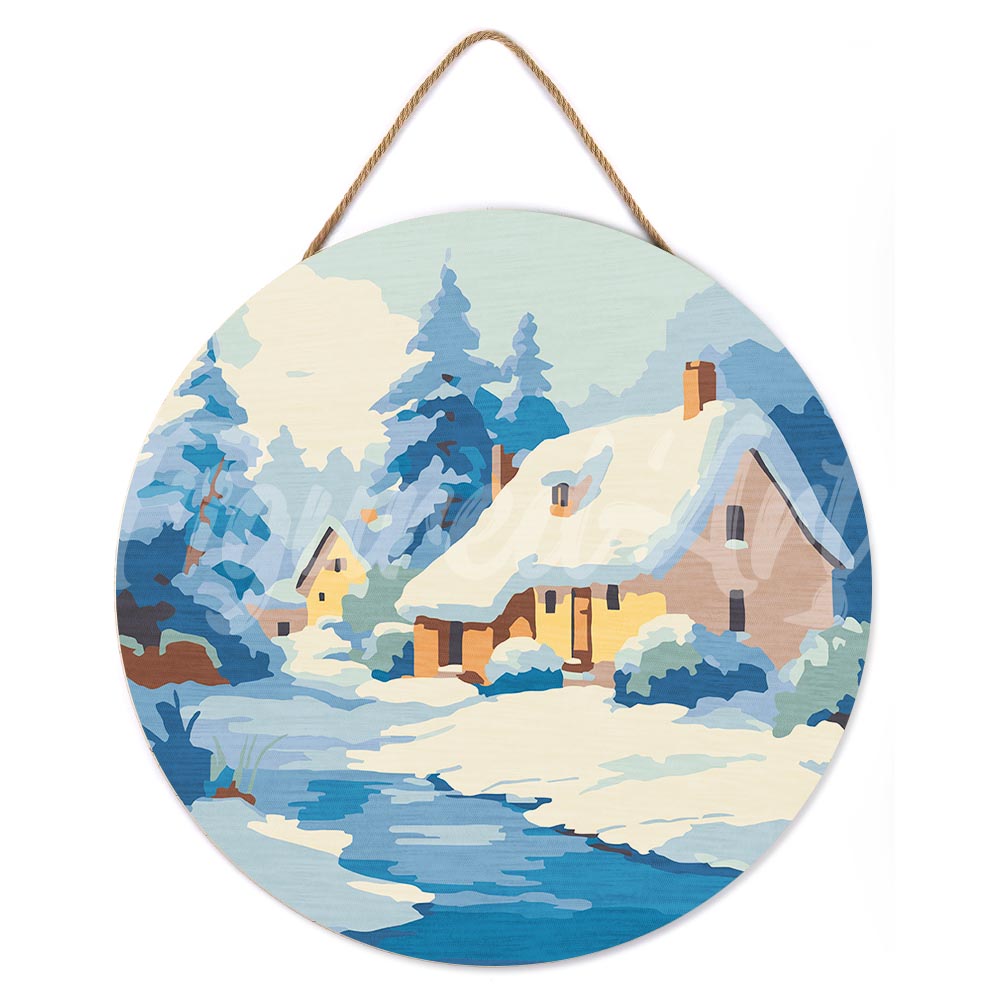 Paint By Number On Wooden Disc - Winter Chalet