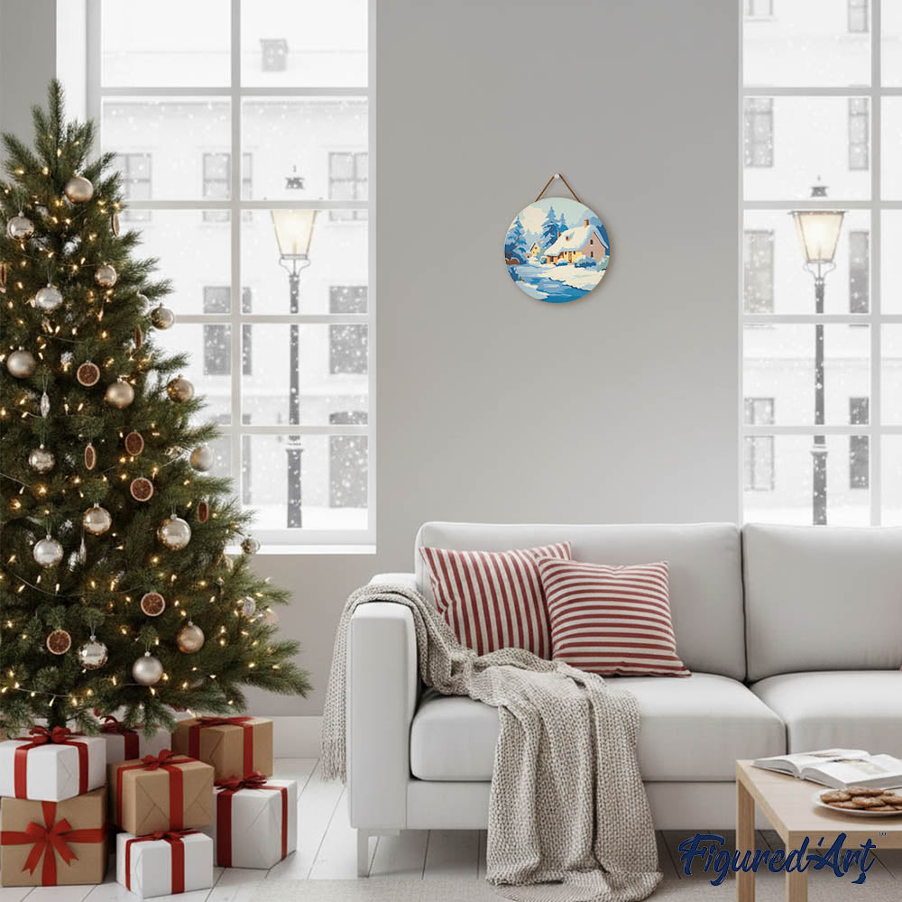 Paint By Number On Wooden Disc - Winter Chalet
