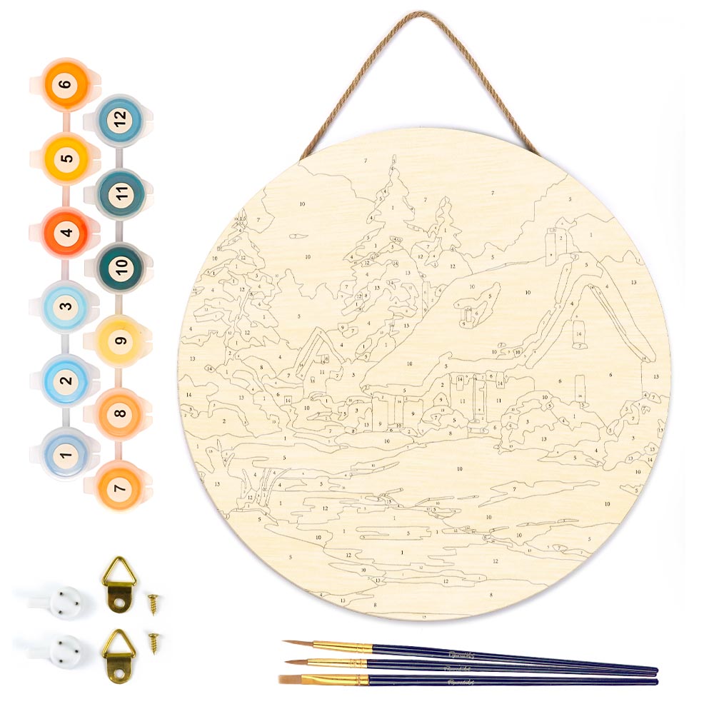 Paint By Number On Wooden Disc - Winter Chalet