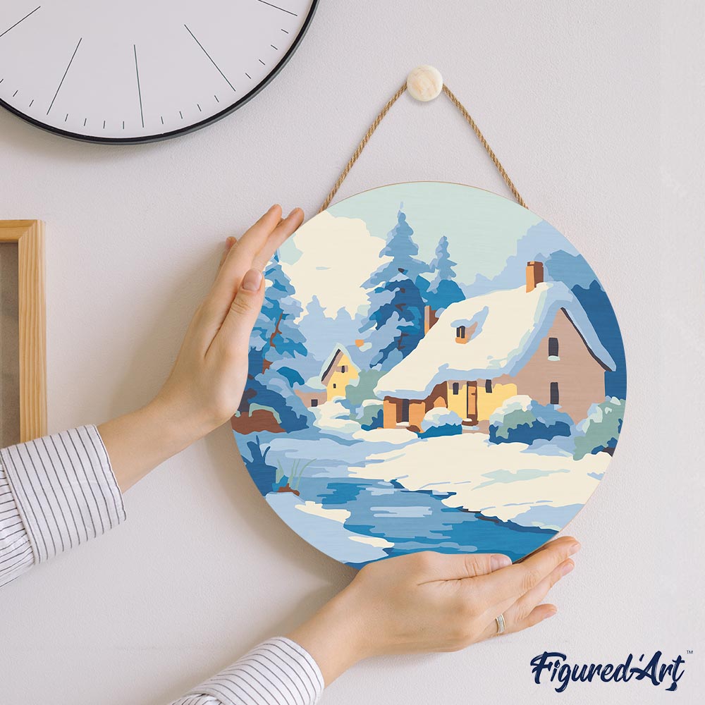Paint By Number On Wooden Disc - Winter Chalet