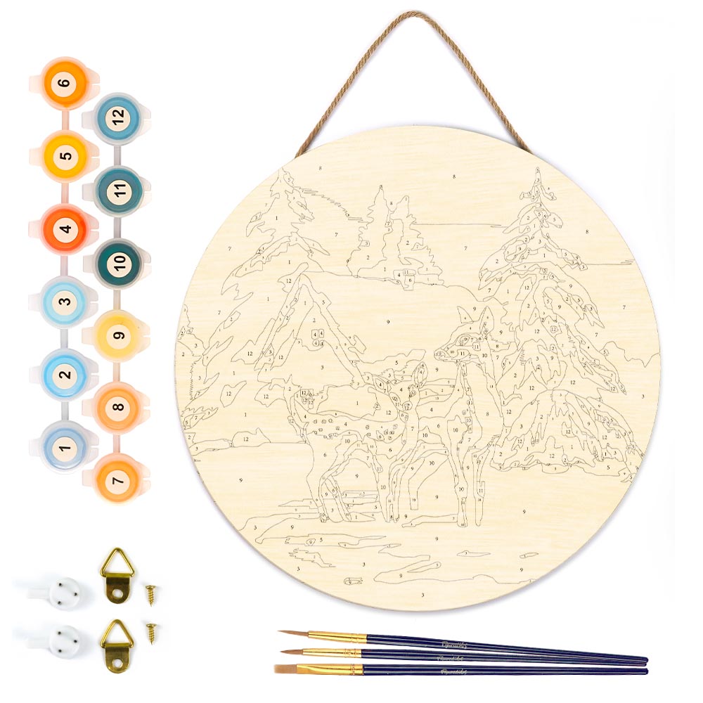 Paint By Numbers On Wooden Round - Does And Cabin