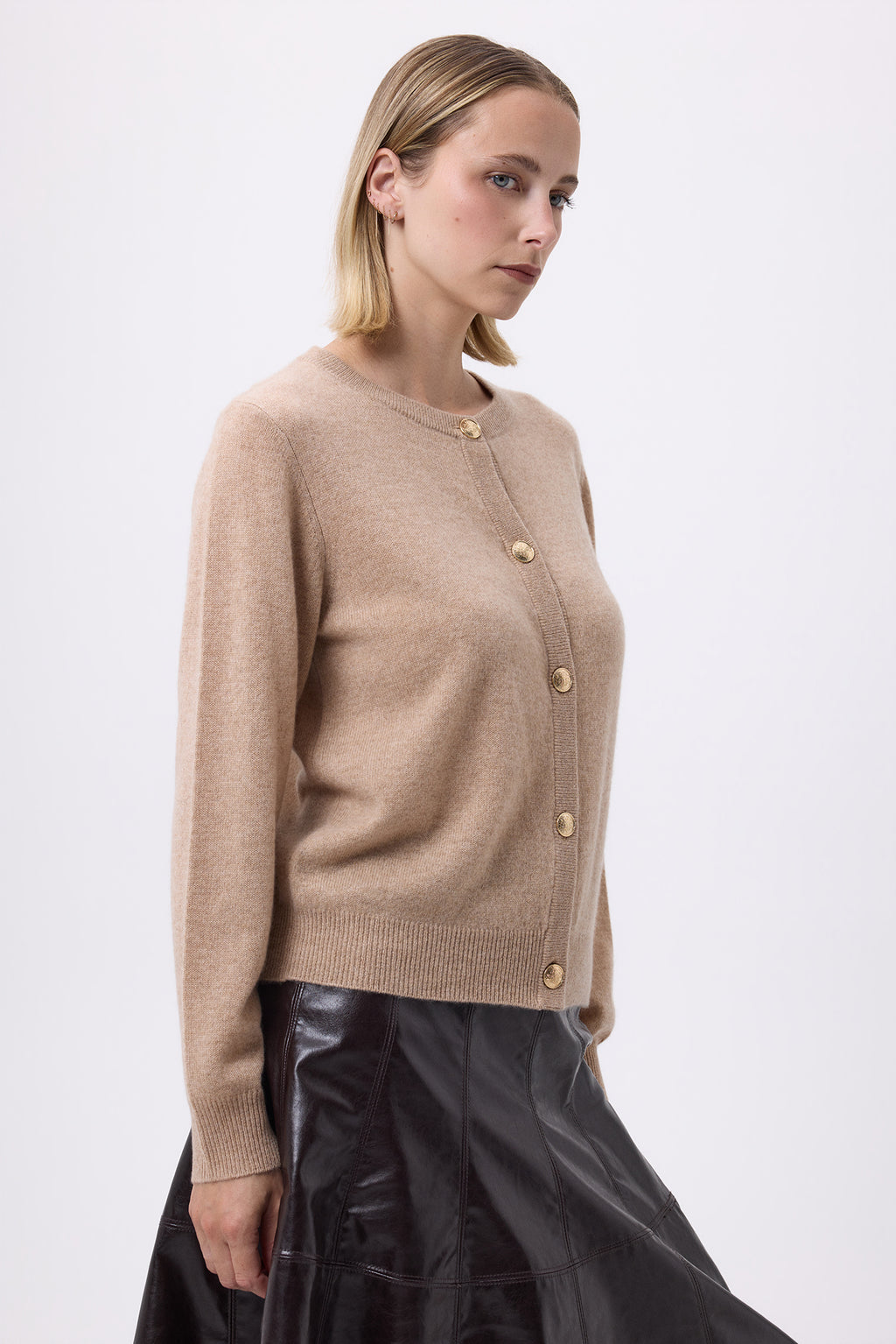 Cardigan Girocollo Oversize Bottoni Dorati Riva - Beige Crema - Donna