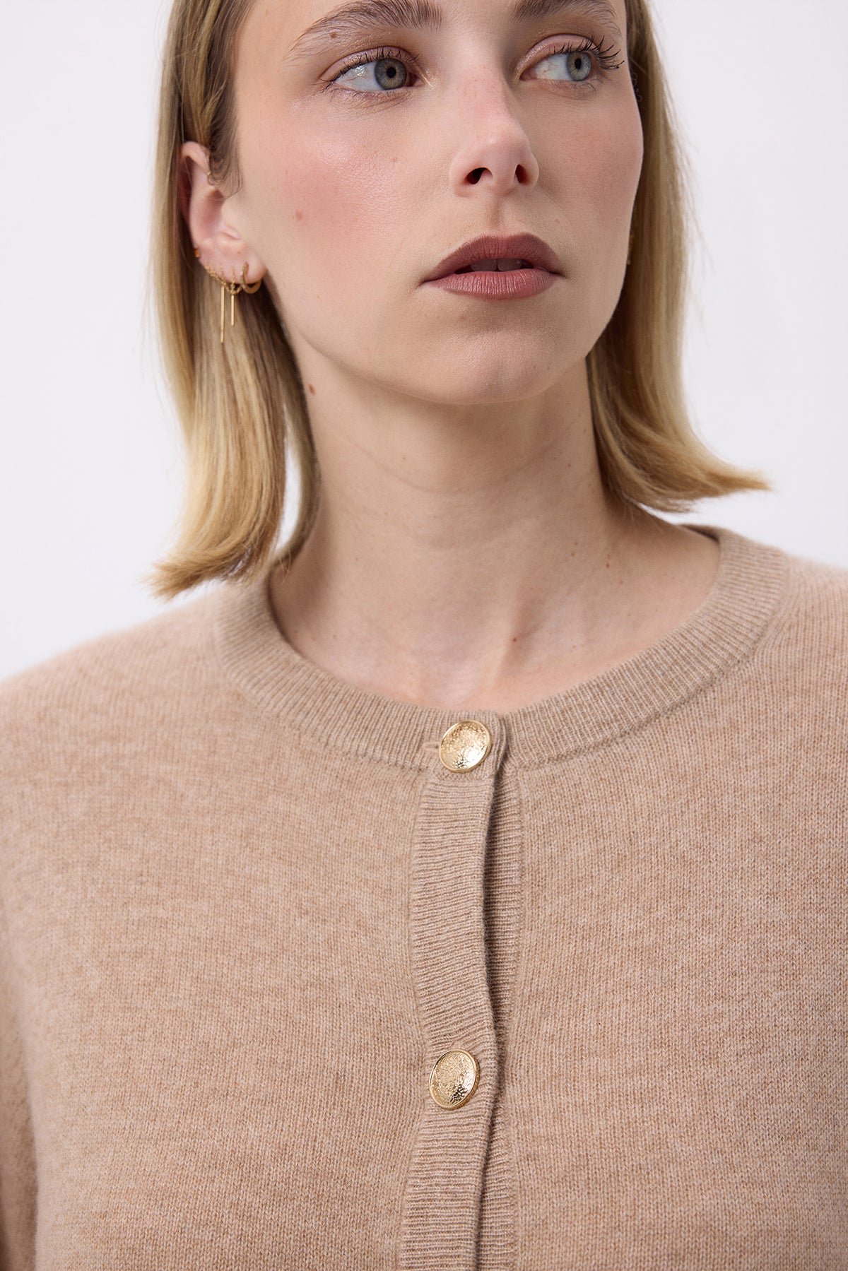 Cardigan Girocollo Oversize Bottoni Dorati Riva - Beige Crema - Donna