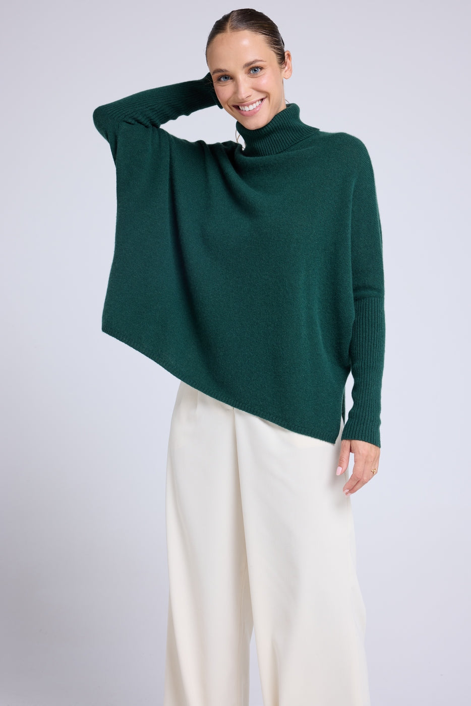 Jersey de cuello alto tipo poncho Rolanda - Verde botella - Mujer