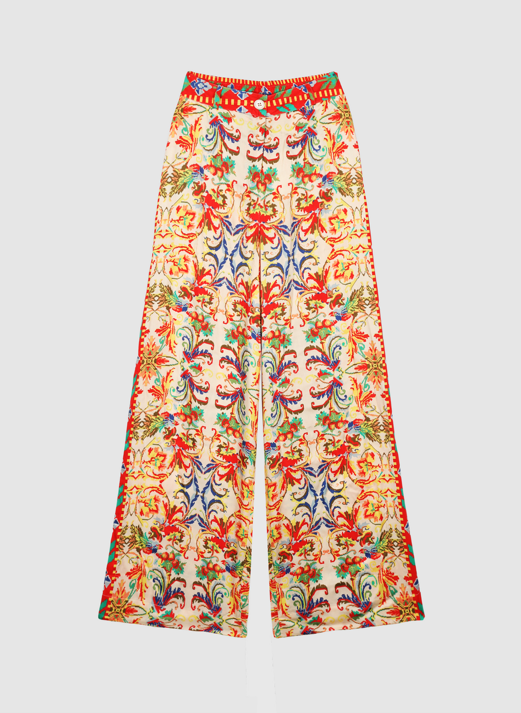 An'ge – Hose Rossana Merida Ecru, weite Hose mit buntem Blumenmuster auf hellem Grund, Vorderansicht