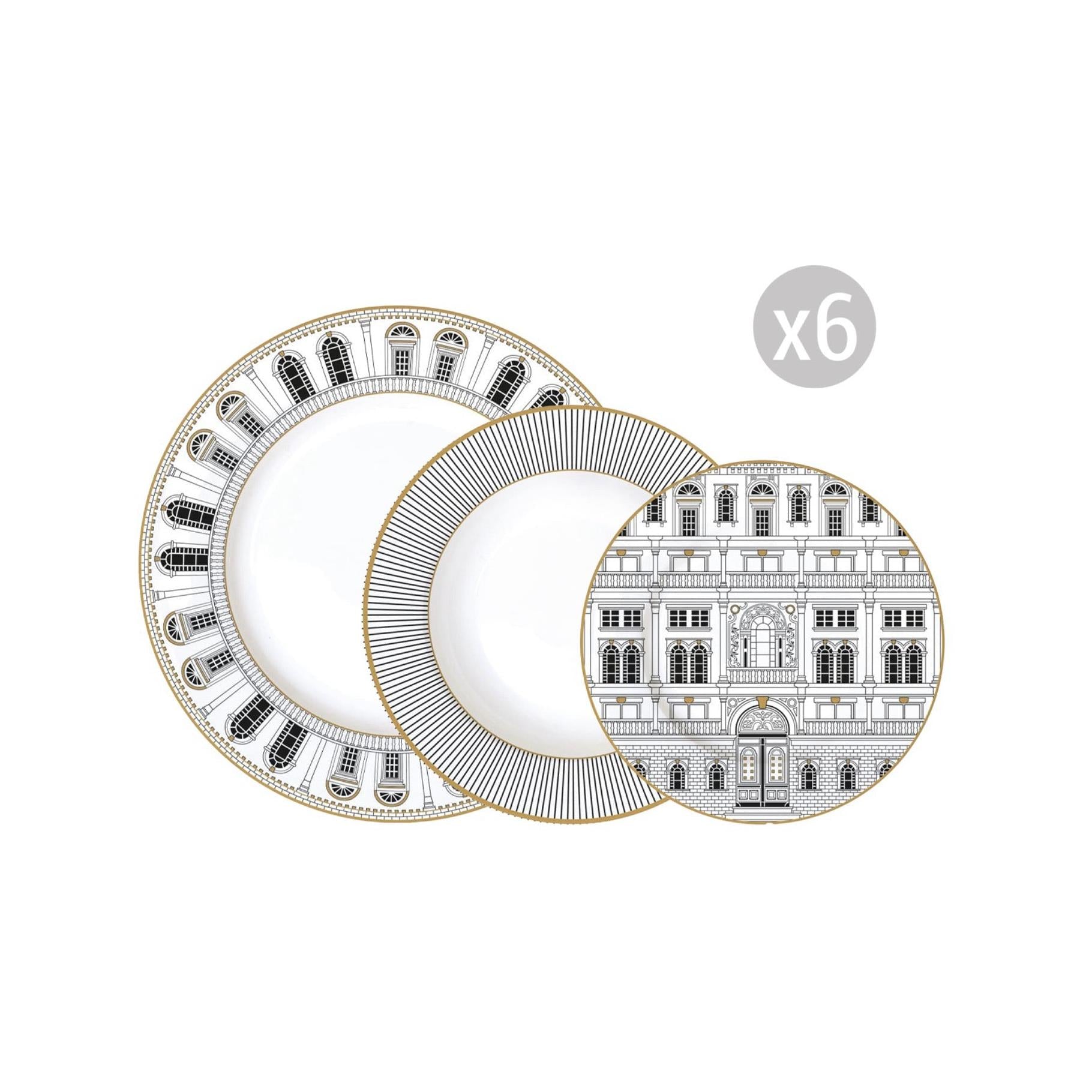 Palazzo - Vajilla 18 Platos - Porcelana - Blanco, Negro Y Dorado