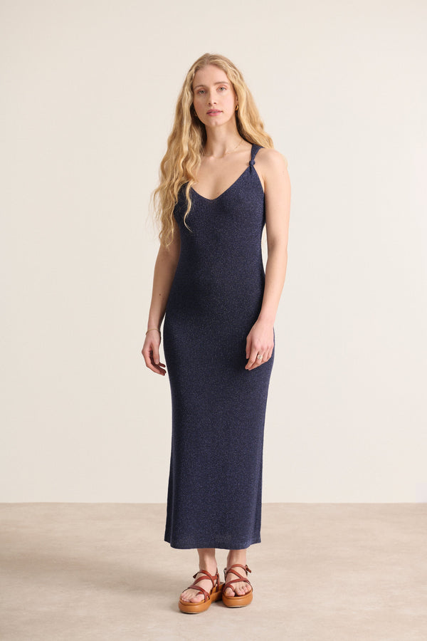 Vestido de punto fino con ribete de lentejuelas, sin mangas, lazo en los tirantes, color marino 