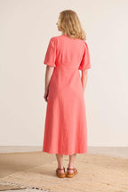 Midi dress, fluid and elegant cut, bright coral color dress perfect for spring summer Parisian brand Garance 
