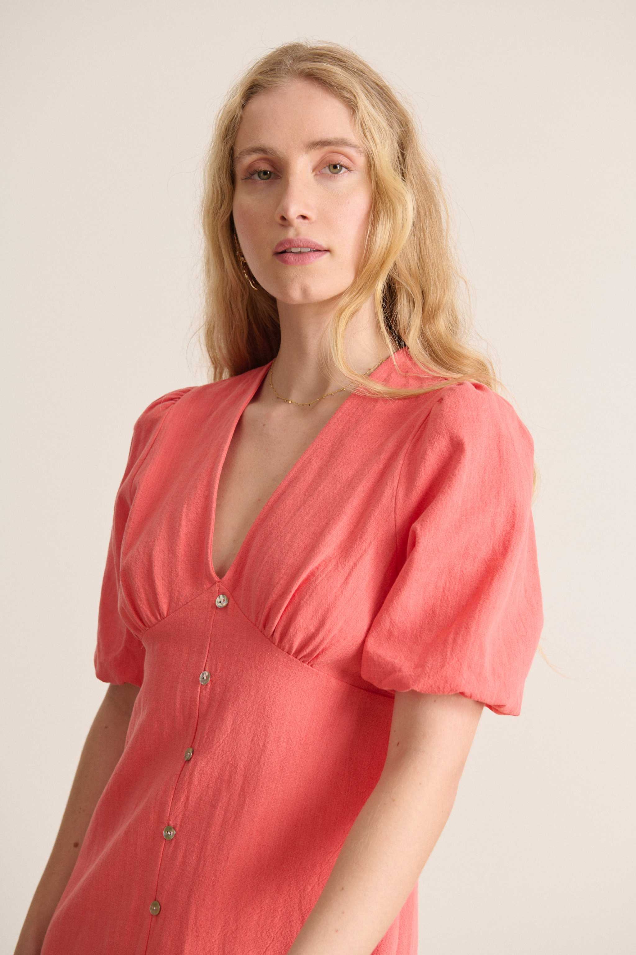 Summer dress with small front neckline small pearly buttons at the front ankle length midi dress