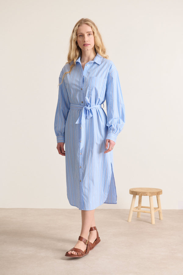 Midi length shirt dress, fluid and straight cut, long sleeves, Parisian brand Garance Paris 