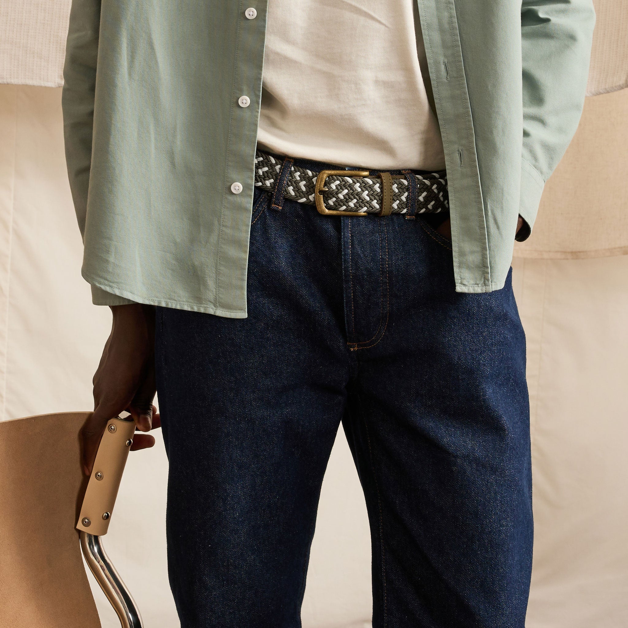 Khaki & Ecru Braided Classic Belt - Men