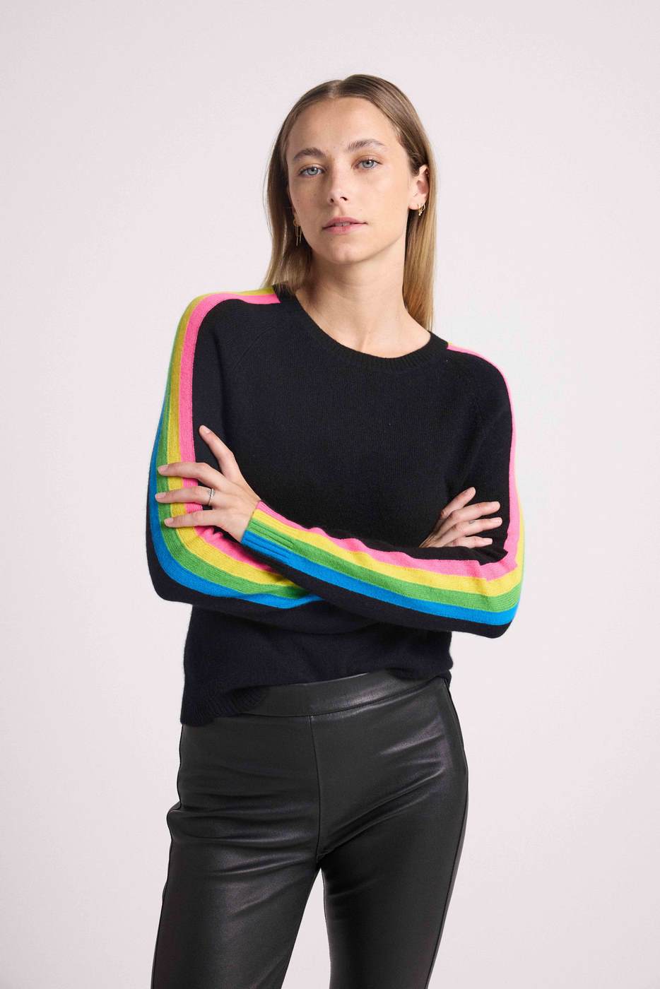 Pull Col Rond Bandes Arc En Ciel Manches Salsa - Noir - Femme