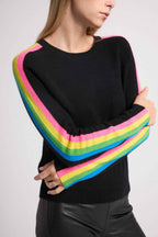 Pull Col Rond Bandes Arc En Ciel Manches Salsa - Noir - Femme