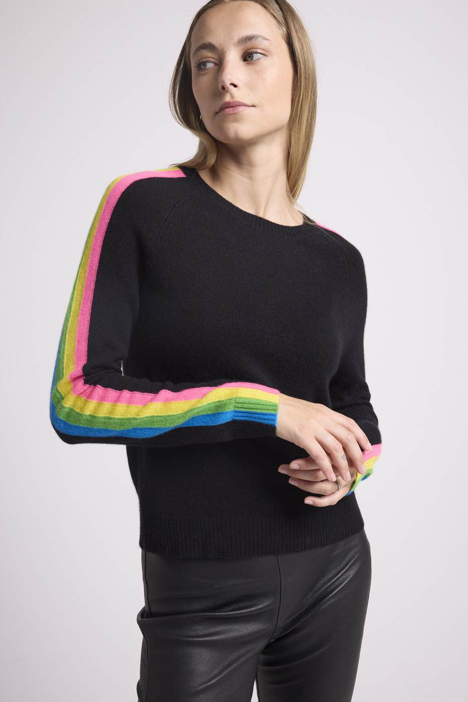 Pull Col Rond Bandes Arc En Ciel Manches Salsa - Noir - Femme