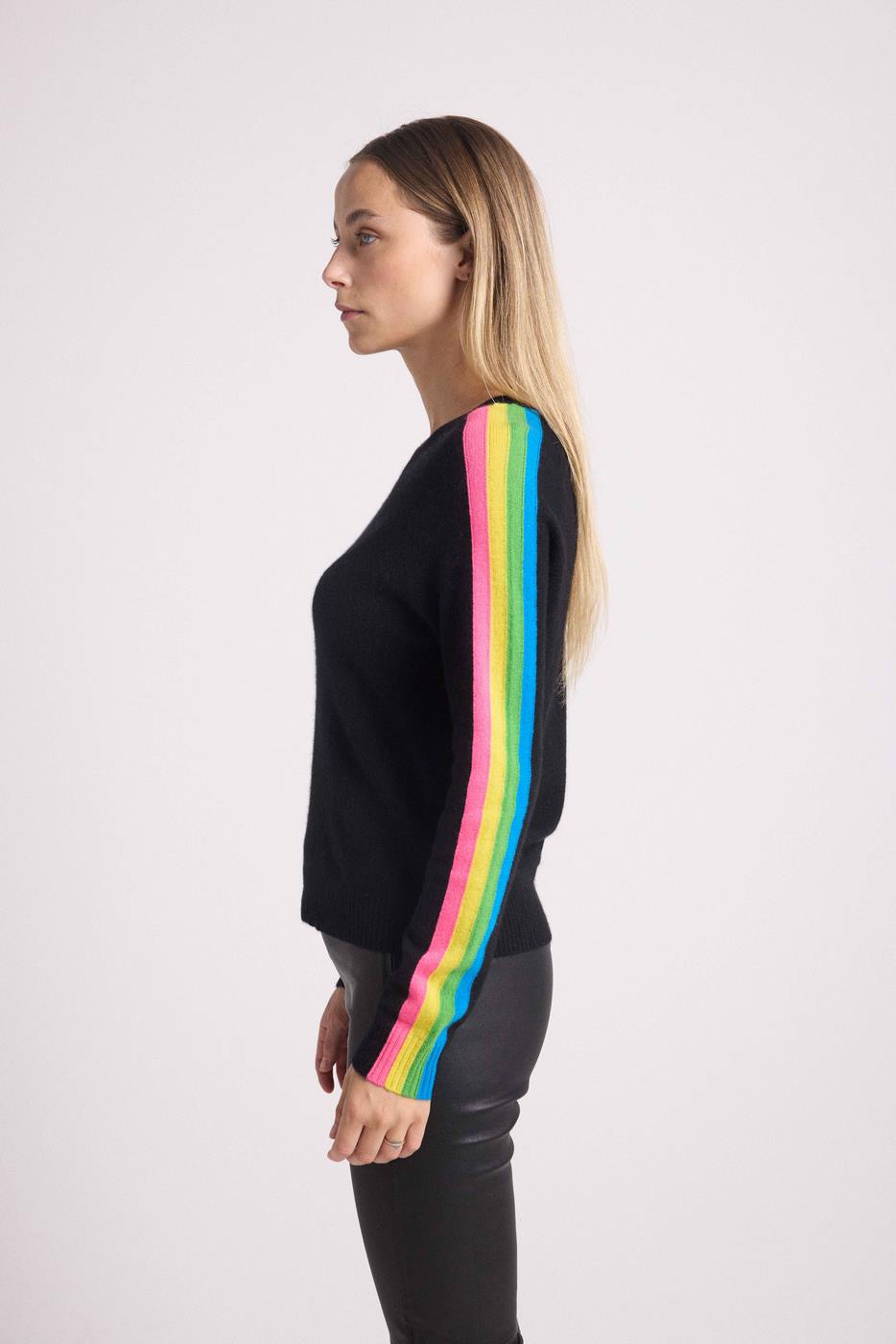 Pull Col Rond Bandes Arc En Ciel Manches Salsa - Noir - Femme