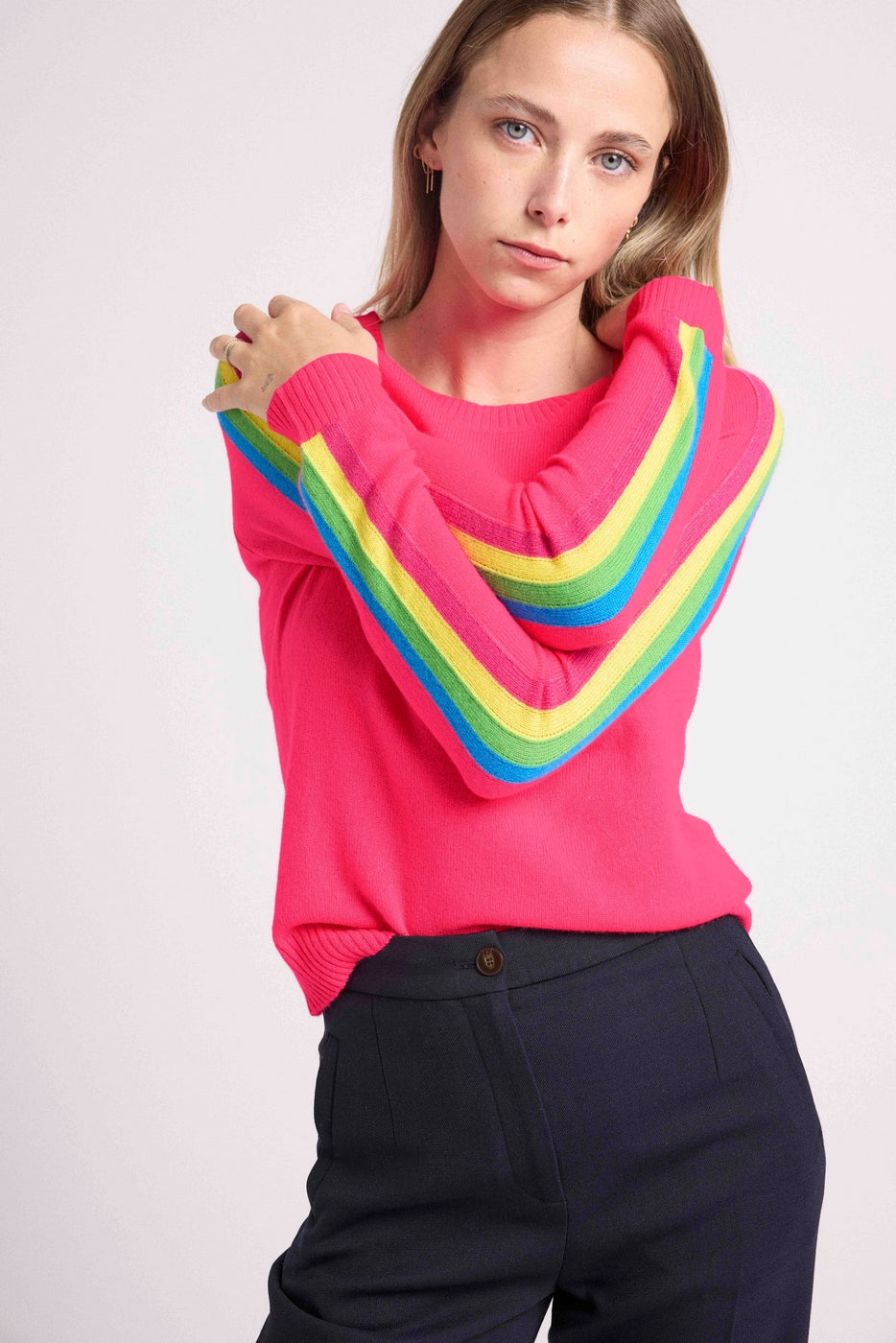 Pull Col Rond Bandes Arc En Ciel Manches Salsa - Rose Fluo - Femme