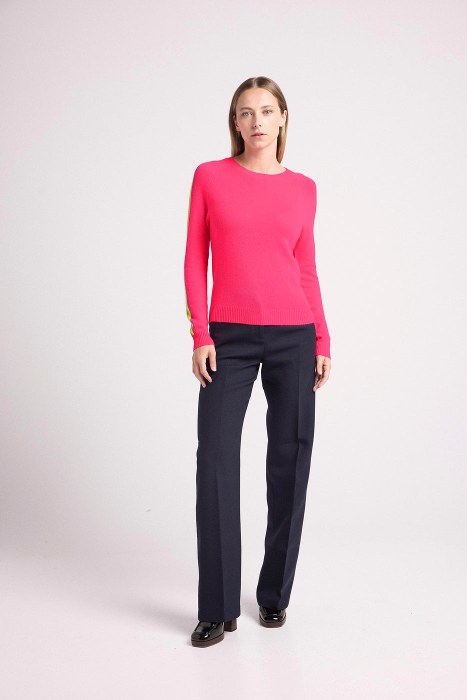 Round Neck Jumper with Rainbow Bands Salsa Sleeves - Fluorescent Pink