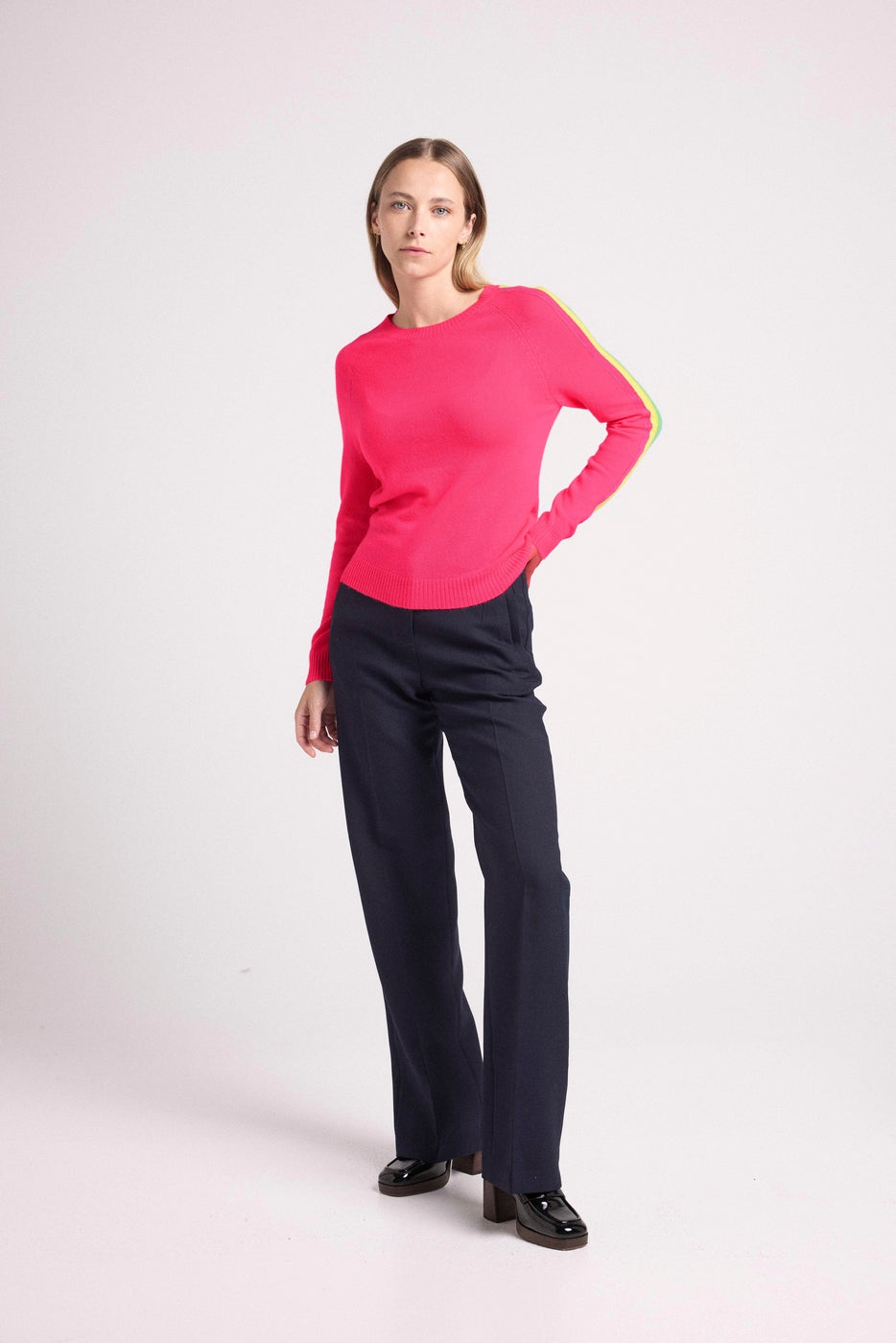 Pull Col Rond Bandes Arc En Ciel Manches Salsa - Rose Fluo - Femme