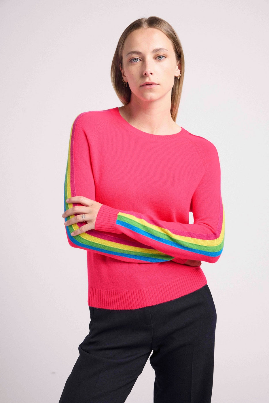 Pull Col Rond Bandes Arc En Ciel Manches Salsa - Rose Fluo - Femme