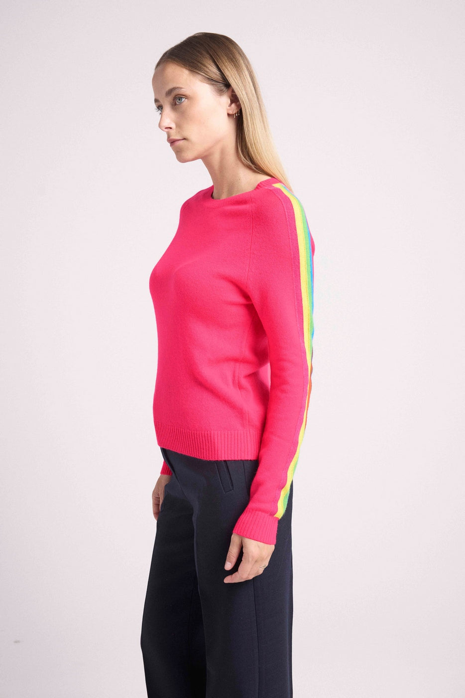Pull Col Rond Bandes Arc En Ciel Manches Salsa - Rose Fluo - Femme