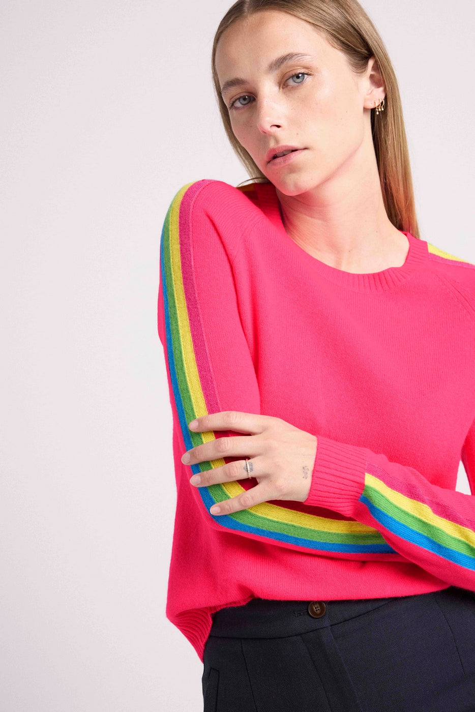 Pull Col Rond Bandes Arc En Ciel Manches Salsa - Rose Fluo - Femme