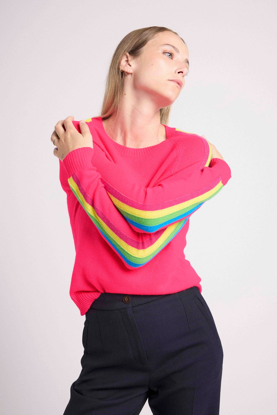 Pull Col Rond Bandes Arc En Ciel Manches Salsa - Rose Fluo - Femme