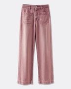 Jean droit femme en denim rose quartz, 100 % coton, coupe confortable et adaptée à toutes les morphologies avec grandes poches avant arrondies.