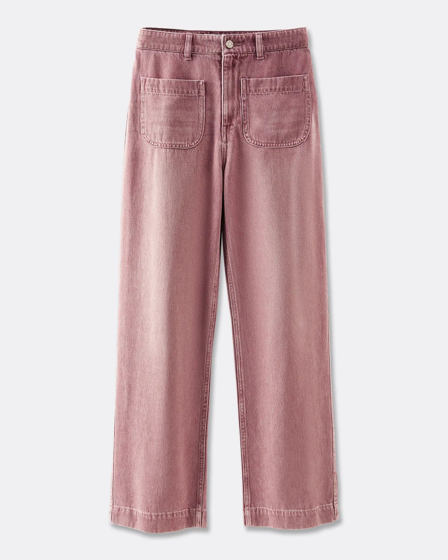 Jean en denim 100 % coton couleur quartz avec coupe droite, taille haute et poches plaquées à l'avant, idéal pour femme avec silhouette adaptable.