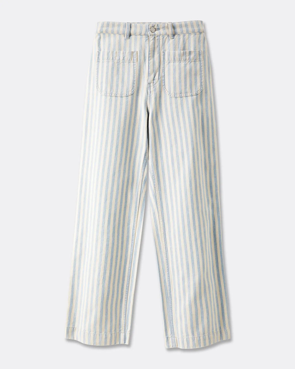 Jean femme en denim rayé bleu et blanc, coupe droite ample avec taille haute, confectionné en coton léger idéal pour une tenue d'été confortable.