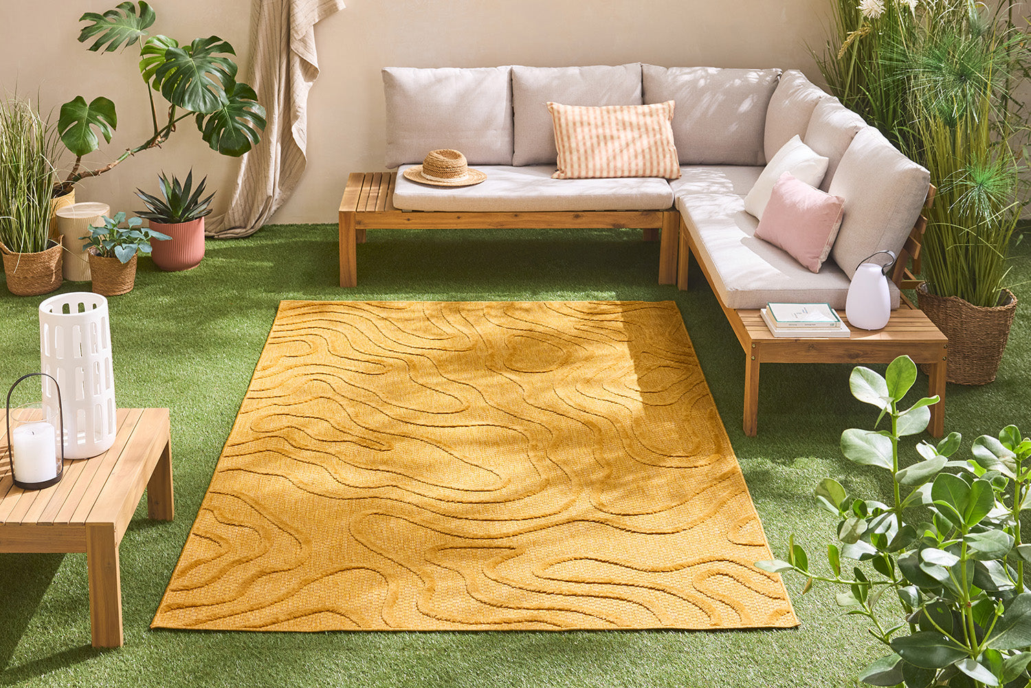 Alfombra de interior y exterior con estampado abstracto Santorini Yellow: SAN988JAU Alfombras Nazar