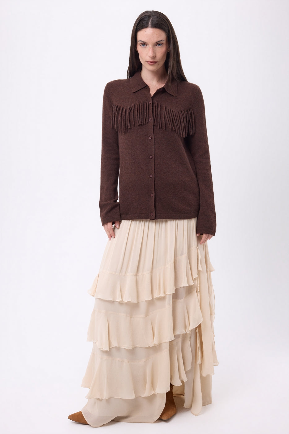 Chemise À Franges Devant Santa - Marron Chocolat - Femme - 100% Cachemire