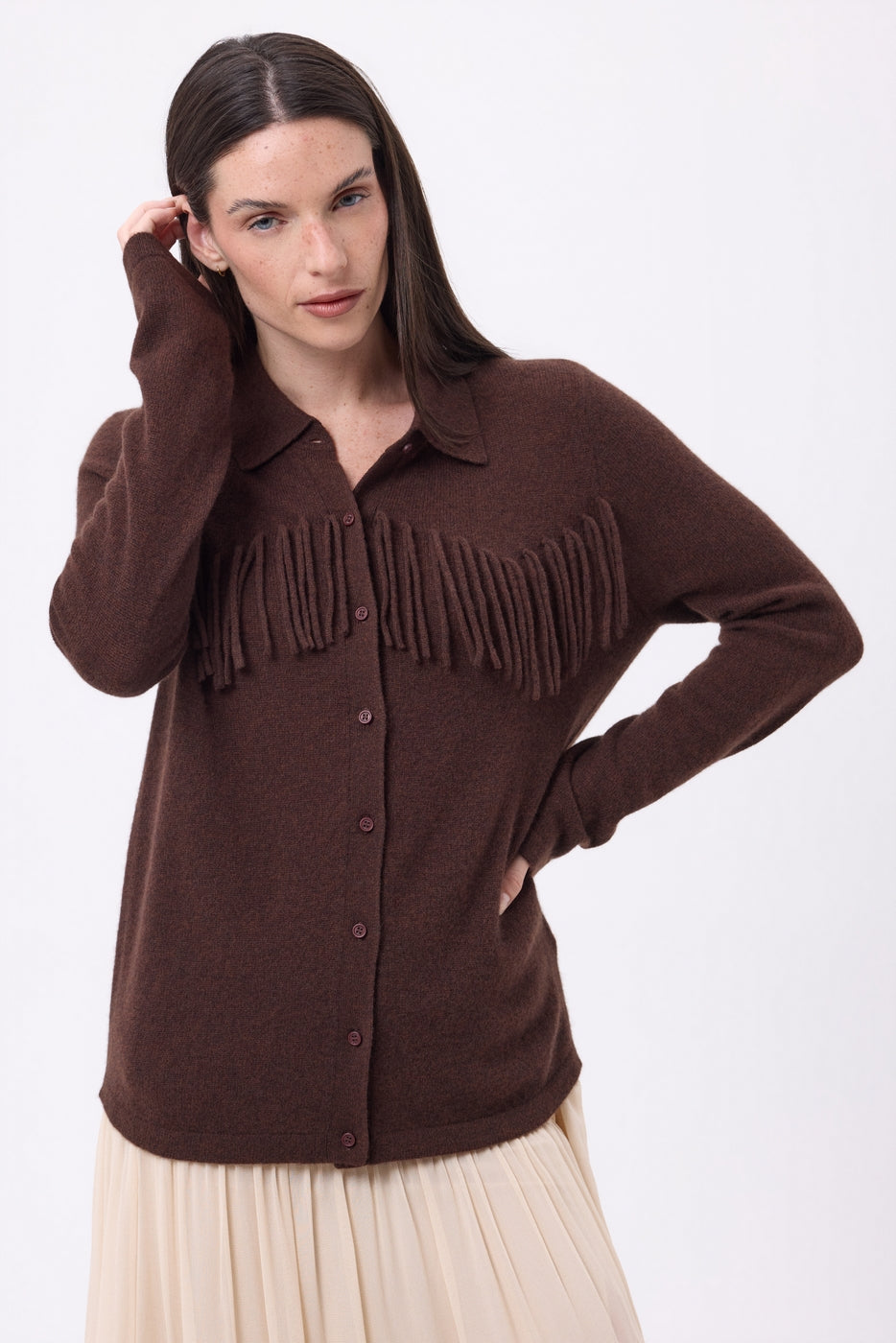 Chemise À Franges Devant Santa - Marron Chocolat - Femme - 100% Cachemire