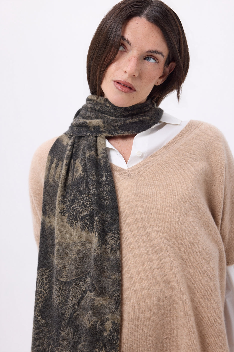 Sciarpa Stampata Jungle TJ - Khaki Melange - Unisex - 100% Cashmere