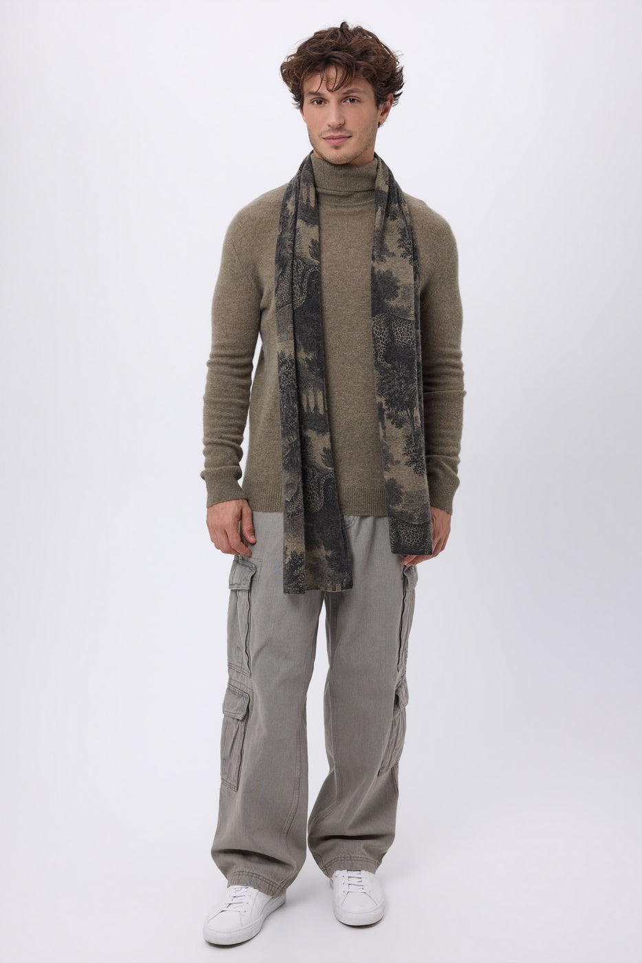 Sciarpa Stampata Jungle TJ - Khaki Melange - Unisex - 100% Cashmere