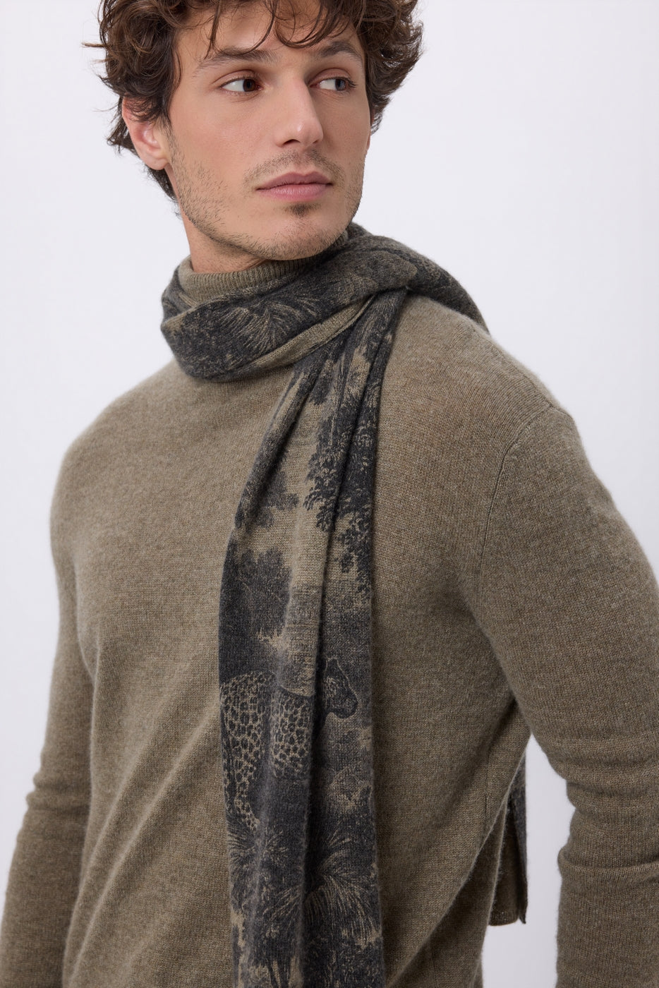 Sciarpa Stampata Jungle TJ - Khaki Melange - Unisex - 100% Cashmere