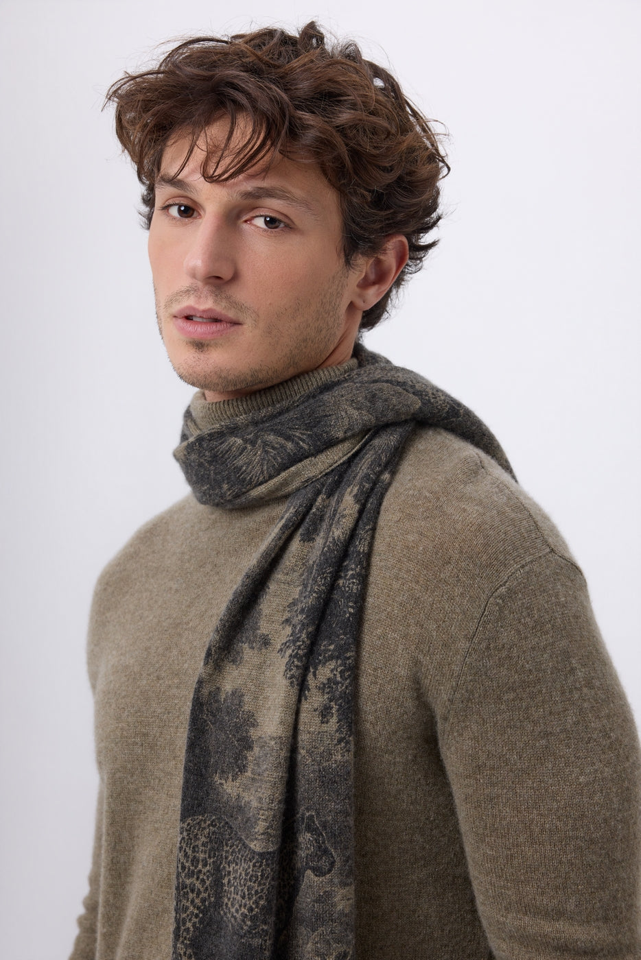 Sciarpa Stampata Jungle TJ - Khaki Melange - Unisex - 100% Cashmere