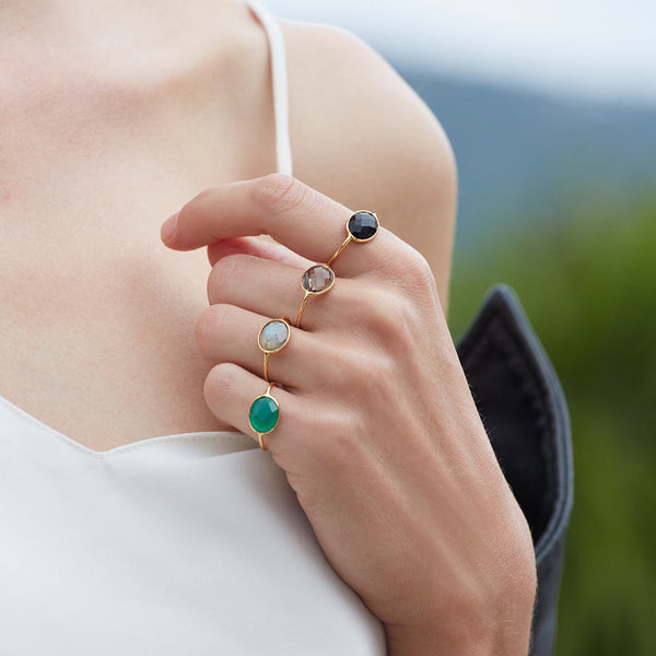 Gold Ring Set Large Model Green Quartz