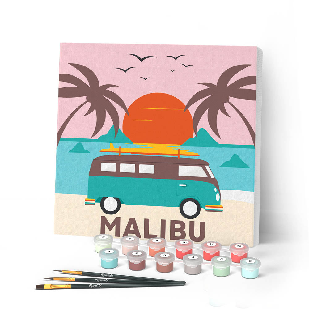 Mini pintura por números 20x20cm con marco Playa de Malibú