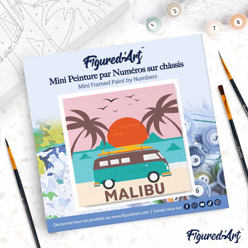 Mini pintura por números 20x20cm con marco Playa de Malibú