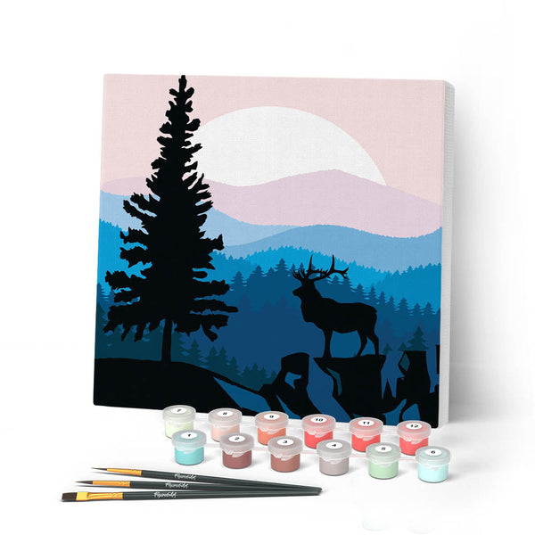 Mini Peinture Par Numéros 20X20Cm Avec Cadre Cerf Majestueux Et Paysage