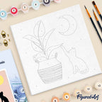 Mini pintura por números 20x20 cm con marco Gatito y planta a la luz de la luna