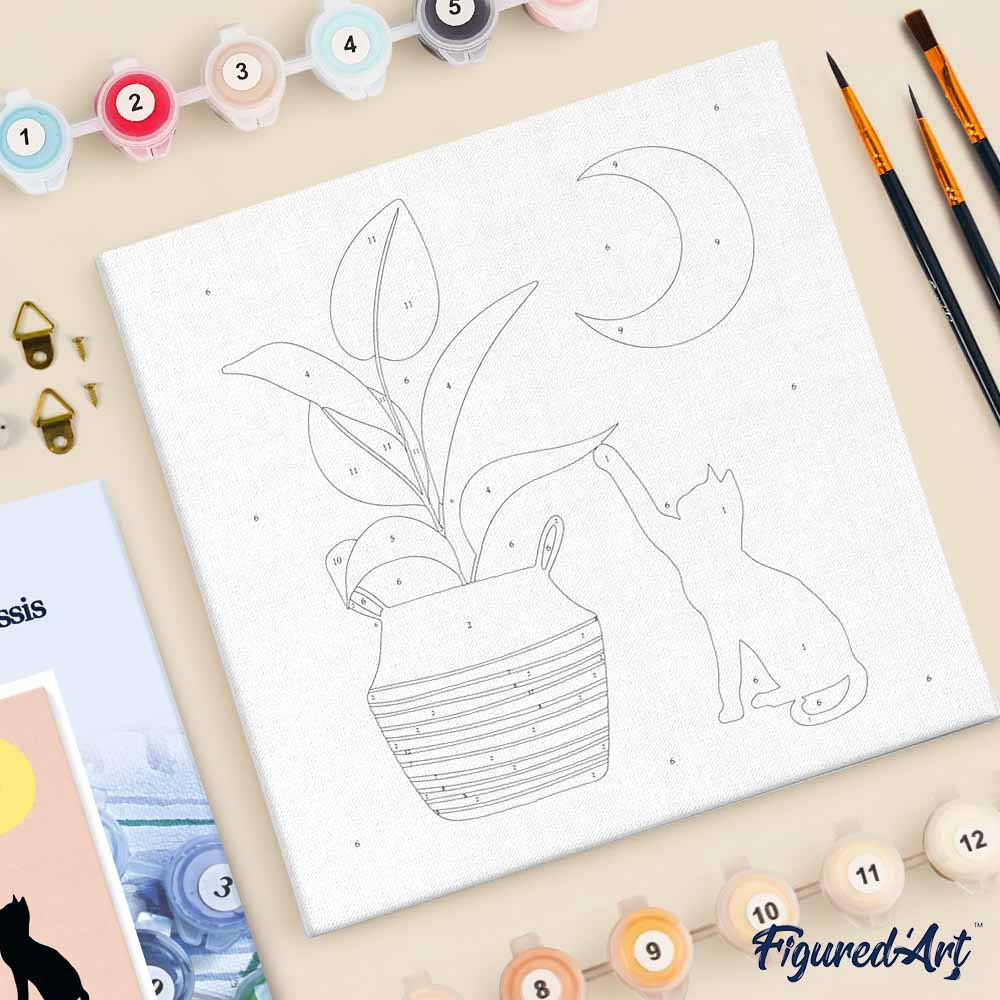 Mini pintura por números 20x20 cm con marco Gatito y planta a la luz de la luna