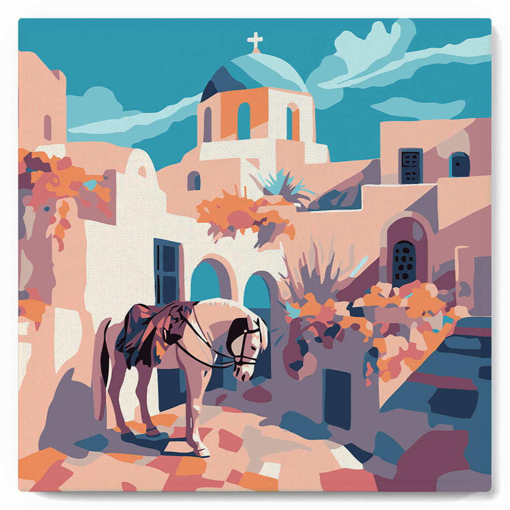 Mini Paint By Numbers 20X20Cm With Frame Santorini Horse Scene
